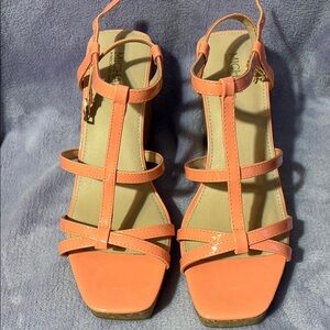 Orange T-Strap Geometric Sandals